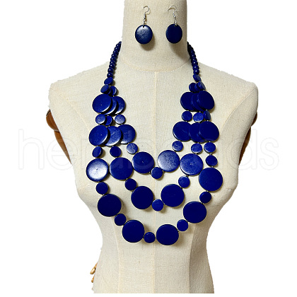 Ethnic Style Wood Flat Round Beaded Multilayer Necklaces & Dangle Earrings Sets WG19BD2-03-1