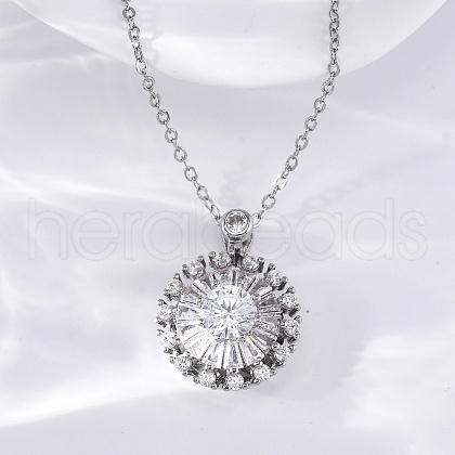Brass Clear Cubic Zirconia Rotatable Sunflower Pendant Necklaces for Women NJEW-C067-05P-1