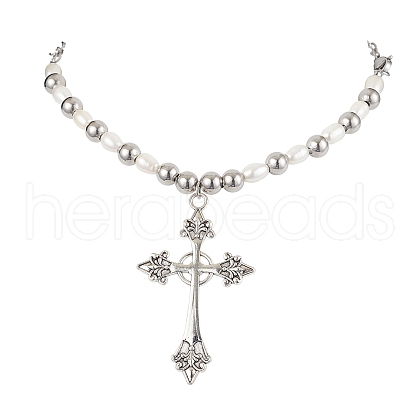 Mother's Day Jewellery Natural Pearl with Cross Alloy Pendant Necklaces NJEW-JN04813-1