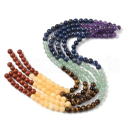 Chakra Natural Red Jasper & Yellow Jade & Green Aventurine & Tiger Eye & Sodalite & Amethyst Beads Strands G-NH0002-E02-8mm-1