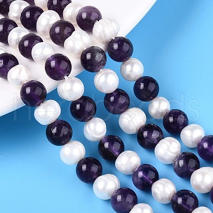 Natural Amethyst Round & Natural Cultured Freshwater Pearl Grooved Potato Beads Strands PEAR-N019-11-1