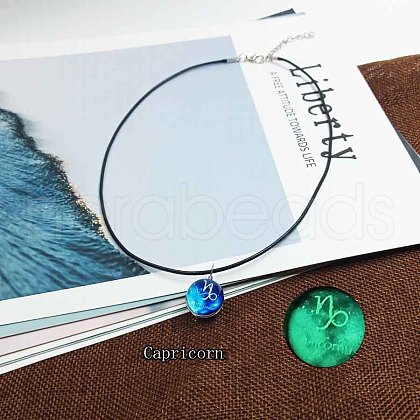 Zinc Alloy & Luminous Blue Glass Flat Round with Constellation Pendant Black Waxed Cord Necklaces WG9F396-04-1