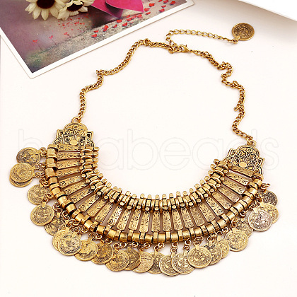 Tibetan Style Alloy Turkish Coin Tassel Chunky Bib Necklaces for Women FS-WG4760A-02-1