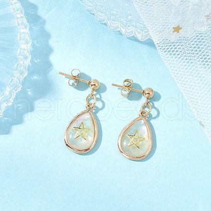 Brass Natural Paua Shell Teardrop Dangle Stud Earrings EJEW-JE06408-02-1