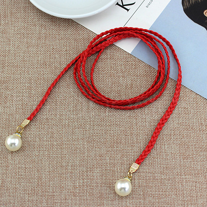 Imitation Leather Braided Belly Belt with Plastic Imitation Pearl Round Bead WG11EBA-02-1