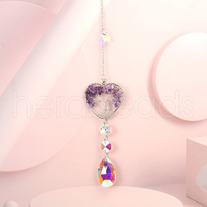 Wire Wrapped Natural Amethyst Heart with Tree of Life Pendant Decorations HJEW-K046-02P-05-1