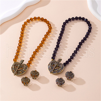 Heart Alloy & Glass & Rhinestone Pendant Necklaces & Stud Earrings Sets FS-WGBFAF6-01-1
