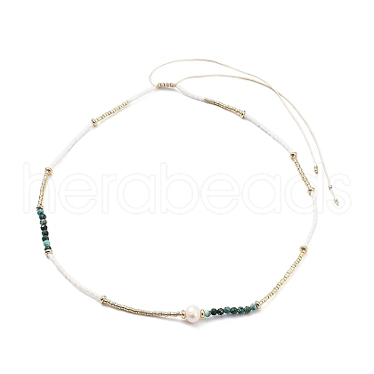 Adjustable Miyuki Seed & Pearl & Natural African Turquoise Beaded Necklaces NJEW-O127-01-1