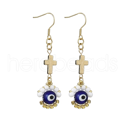 Handmade Seed Evil Eye & Cross Dangle Earrings EJEW-MZ00227-05-1