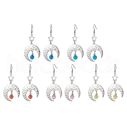 Antique Silver Alloy Star & Moon Dangle Earrings EJEW-JE05637-1