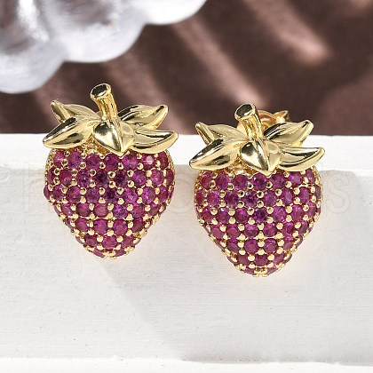 Brass Cubic Zirconia Strawberry Stud Earrings EJEW-L301-01G-1