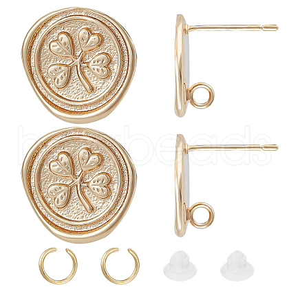 Beebeecraft 10Pcs Flat Round with Clover Brass Stud Earring Findings DIY-BBC0001-36-1