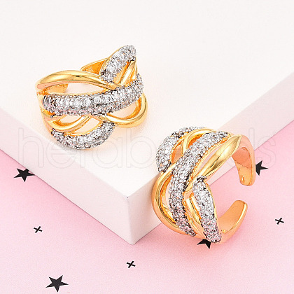Brass Micro Pave Clear Cubic Zirconia Cuff Rings KK-T074-19G-1