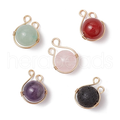 Natural Green Aventurine & Rose Quartz & Lava Rock & Carnelian & Amethyst Copper Wire Wrapped Round Pendants PALLOY-JF03609-01-1