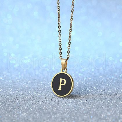 Alloy Black Enamel Flat Round with Letter Pendant Necklaces for Women WG4B845-16-1