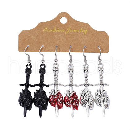 3 Pairs Sword Pierced Heart Dangle Earrings Set AF3404-1