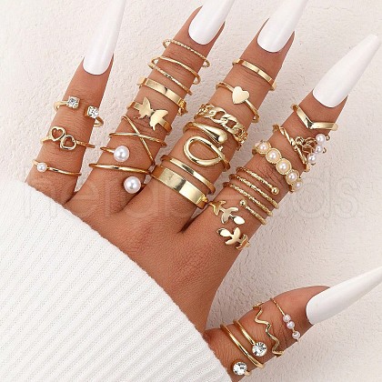 23Pcs Alloy & Rhinestone & Plastic Pearl Finger Rings WGAC171-03-1