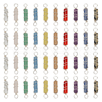 40Pcs 10 Styles Natural Mixed Gemstone Copper Wire Wrapped Column Connector Charms PALLOY-HY00040-1