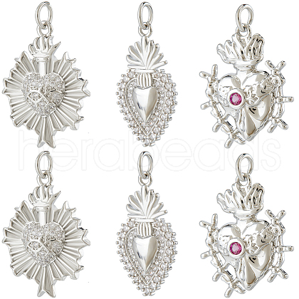 Beebeecraft 6Pcs 3 Styles Rack Plating Brass Micro Pave Cubic Zirconia Pendant STAS-BBC0013-24-1