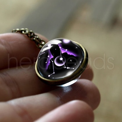 Double Glass Round with Constellation Pendant Alloy Chain Necklaces WG188F6-03-1