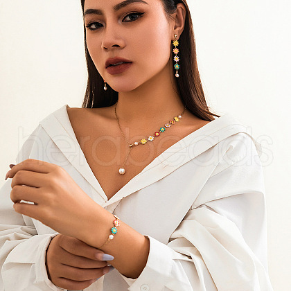 Brass & Alloy Enamel & Plastic Pearl Pendant Necklace & Stud Dangle Earring & Chain Bracelet FS-WGFF44D-03-1