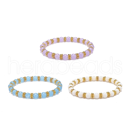 3Pcs 3 Color Natural Malaysia Jade(Dyed) & Alloy Daisy Beaded Stretch Bracelets for Women BJEW-JB08856-1