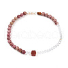Round Natural Fresh Water Pearl & Red Agate Rhodonite & Quartz Crystal Beaded  Wrap Bracelets for Men Women BJEW-T022-07-3