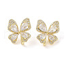 Butterfly Brass Micro Pave Clear Cubic Zirconia Stud Earrings with Glass for Women EJEW-L285-012G-1