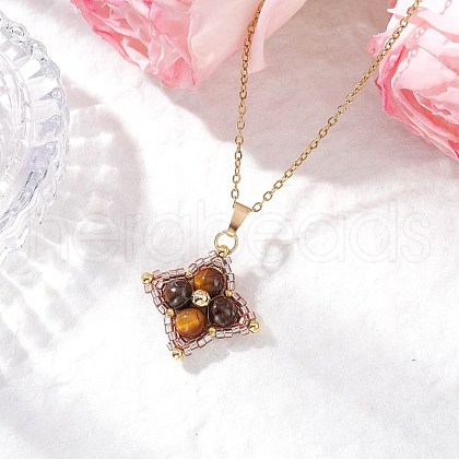 Natural Tiger Eye & Glass Seed Beaded Star Pendant Necklaces NJEW-MZ00108-02-1