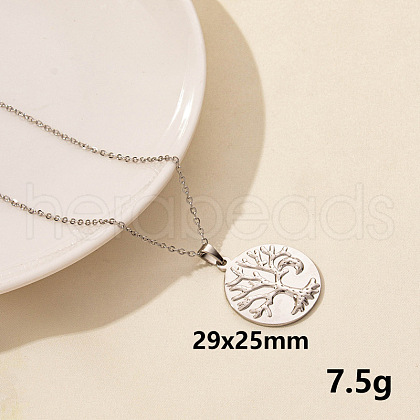 Stainless Steel Flat Round with Tree of Life Pendant Necklace XM4050-5-1