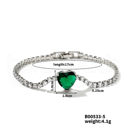 Elegant Heart-shaped Brass Rhinestone Link Chain Bracelets VF4965-1-1