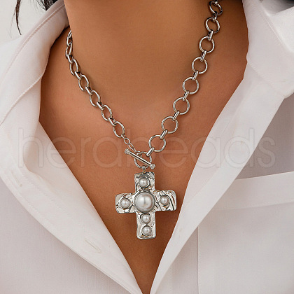 Alloy & Imitation Pearl Cross Pendant Necklaces for Women FS-WG9EBF4-02-1