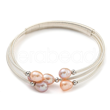 Mother's Day Jewellery Three-Loops Brass & Natural Freshwater Pearl Beaded Wrap Bracelets for Women BJEW-F470-04S-02-1