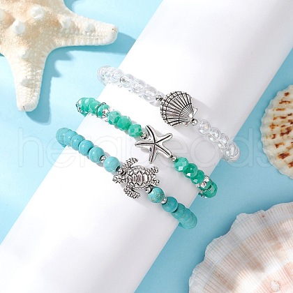 3Pcs 3 Styles Round Glass & Synthetic Turquoise Beads Stretch Bracelets Sets for Women BJEW-JB11654-1