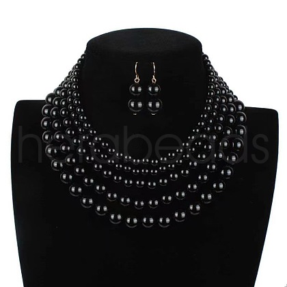 Plastic Pearl Round Beaded Multilayer Necklaces & Dangle Earrings Sets FS-WGEBA88-01-1