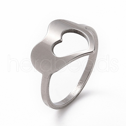 Non-Tarnish 201 Stainless Steel Heart Finger Ring RJEW-J051-12P-1