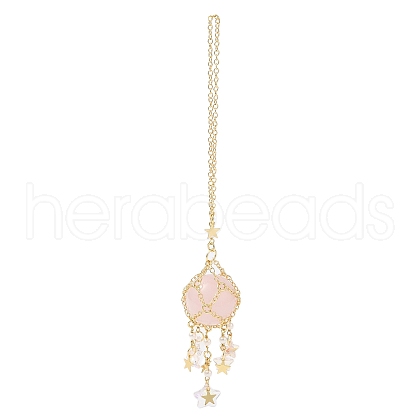 Natural Rose Quartz with Rack Plating Brass Pendants Decorations AJEW-B023-01G-06-1