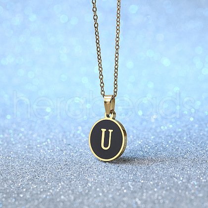 Alloy Black Enamel Flat Round with Letter Pendant Necklaces for Women WG4B845-21-1