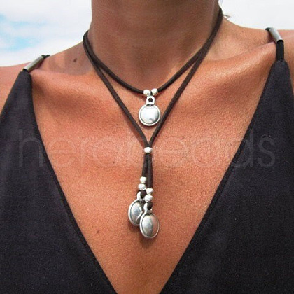 Oval with Flat Round Alloy with Imitation Leather Cord Pendant Necklaces FS-WGE6D6A-01-1