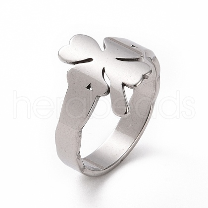 Non-Tarnish 201 Stainless Steel Clover Finger Ring RJEW-J051-07P-1