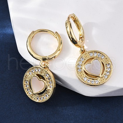 Heart with Flat Round Brass Micro Pave Clear Cubic Zirconia Hoop Earrings KK-D363-11A-G-1