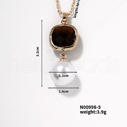 Brass Pave Rhinestone & Imitation Pearl Round Pendnat Shiny Women's Necklaces for Women NM0826-5-1