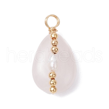 Copper Wire Wrapped Natural Rose Quartz & Natural Cultured Freshwater Pearl Beads Pendants PALLOY-JF03645-01-1