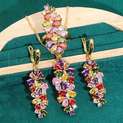Leaf Brass Cubic Zirconia Pendant Necklaces & Hoop Earrings & Rings Sets FS-WGD46EA-01-1