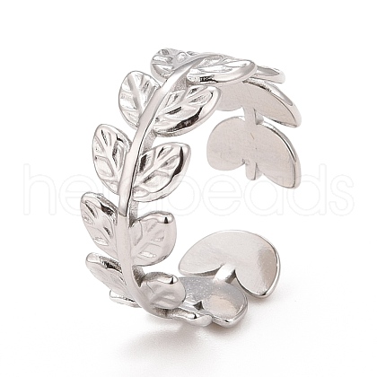 304 Stainless Steel Leaf Wrap Open Cuff Ring for Women RJEW-C025-16P-1