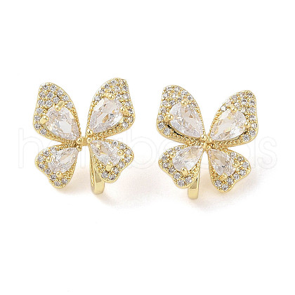 Butterfly Brass Micro Pave Clear Cubic Zirconia Stud Earrings with Glass for Women EJEW-L285-012G-1