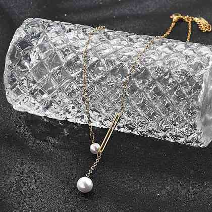 Ion Plating(IP) 304 Stainless Steel & White Plastic Pearl Round & Oval Pendant Necklaces for Women NJEW-P320-17G-1