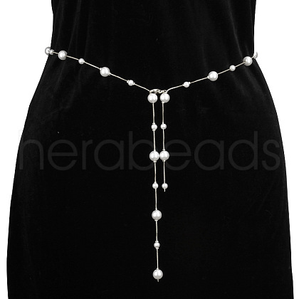 Alloy & Plastic Imitation Pearl Round Beads Bar Link Tassel Waist Chains for Women WG258D9-02-1