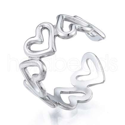 304 Stainless Steel Hollow Heart Cuff Rings RJEW-N038-124P-1