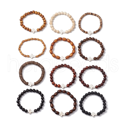 12Pcs Dyed Synthetic & Natural Gemstone and Natural Wood Beads Stretch Bracelet Set for Women Men BJEW-JB11564-1